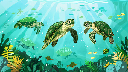 A vibrant illustration of turtles swimming with World Turtle Day text, eco-friendly vibe, ocean backdrop