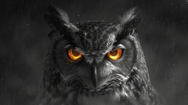   A monochrome image of an owl's expressive face, its yellow eyes piercing the darkness against a backdrop of the rain-drenched black background, each drop eleg