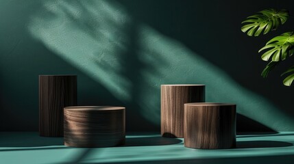Natural wooden cube podiums on deep dark green background, mockup