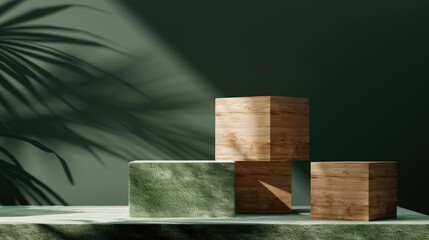 Natural wooden cube podiums on deep dark green background, mockup