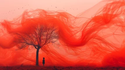 Fotobehang   A man stands beside a tree in a field beneath a crimson sky A bird flies in the distance © Shanti