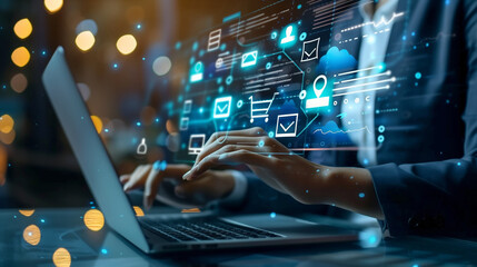 Digital interface with shopping icons enveloping a user on a laptop