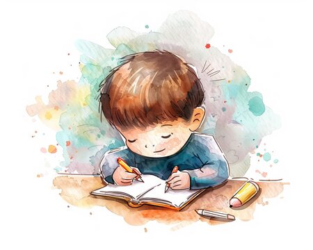 Cartoon watercolor image of a cute boy Sitting and writing a book .