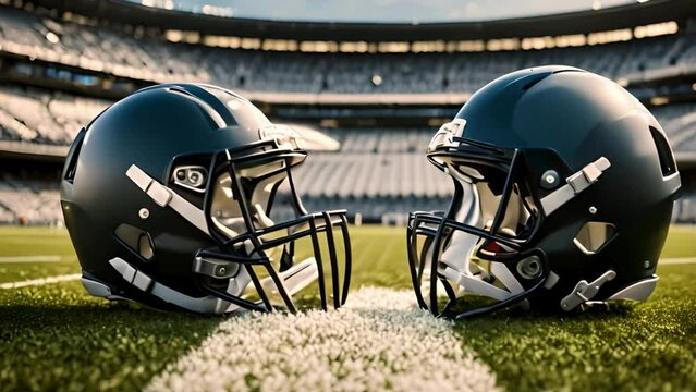 Football Helmets Facing off on a Yard Line Below Stadium