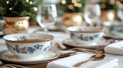  A tight shot of a table-set bowl of food, silverware nearby, and a Christmas tree in the backdrop - obrazy, fototapety, plakaty