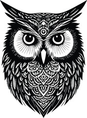 A close up of a black and white owl on a branch