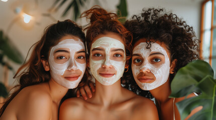 Three friends enjoying a spa day with facial masks in a plant-filled room