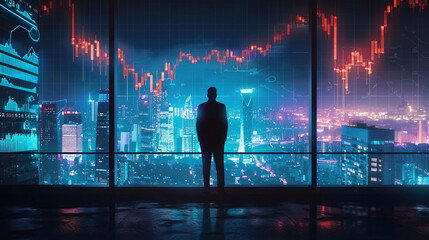 A businessman who closely follows the movement of financial indicators on the chart expresses confidence and certainty in his investment decisions, standing on a high balcony - obrazy, fototapety, plakaty
