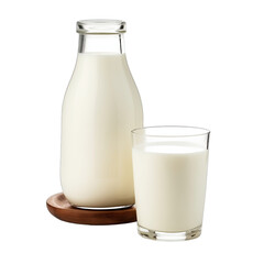 A bottle of rustic milk and glass of milk isolated on white background