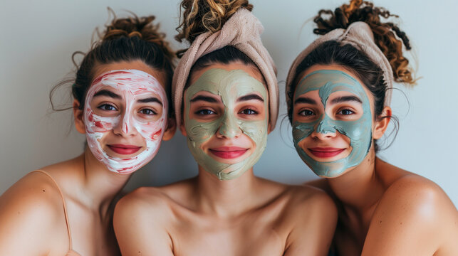 three Hispanic young women  with colorful facial masks enjoying a fun beauty session - Powered by Adobe