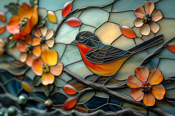 a stained glass window model with sun, flower, river and bird using the Tiffany Style technique