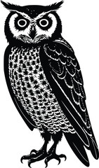 A close up of a black and white owl on a branch