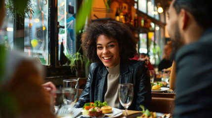 Woman enjoying a conversation at a restaurant - obrazy, fototapety, plakaty