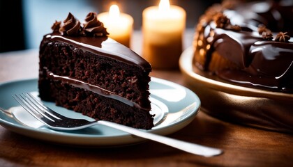 An indulgent slice of rich chocolate cake with glossy icing and candles, captured in a warm ambiance, inviting a celebratory moment. - obrazy, fototapety, plakaty