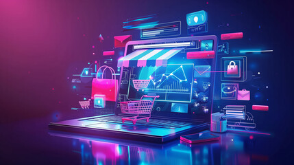 Futuristic e-commerce concept with neon graphics on a laptop screen