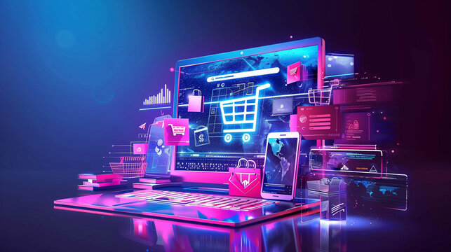 Vibrant digital art of an e-commerce concept with a laptop and holographic shopping elements