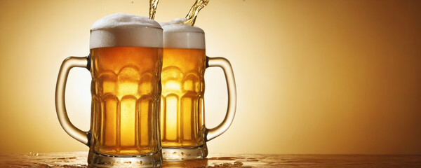 Two beer mugs stand on an amber background, with beer being poured into them.  - obrazy, fototapety, plakaty