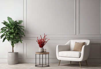 A white armchair is next to a potted plant in the living room. 