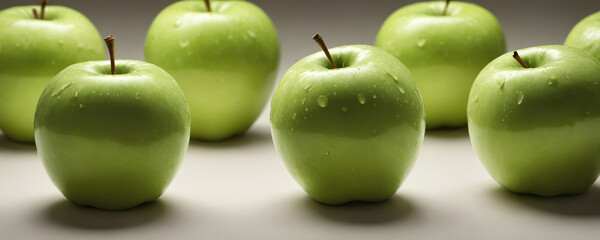 Bright green apples, neatly laid out on the surface, on a white and grey background. Drops of water on the surface of apples.  - Powered by Adobe