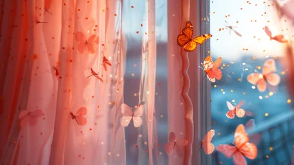 Rideaux velours Papillons en grunge   A curtain-draped window frames butterflies taking flight, escaping to the outdoors