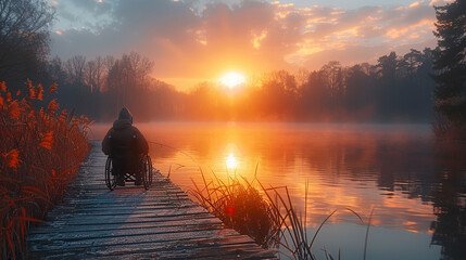 A man in a wheelchair is fishing on a pier by a lake. Image created by AI