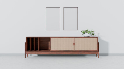 a wooden cabinet with a plant on top of it