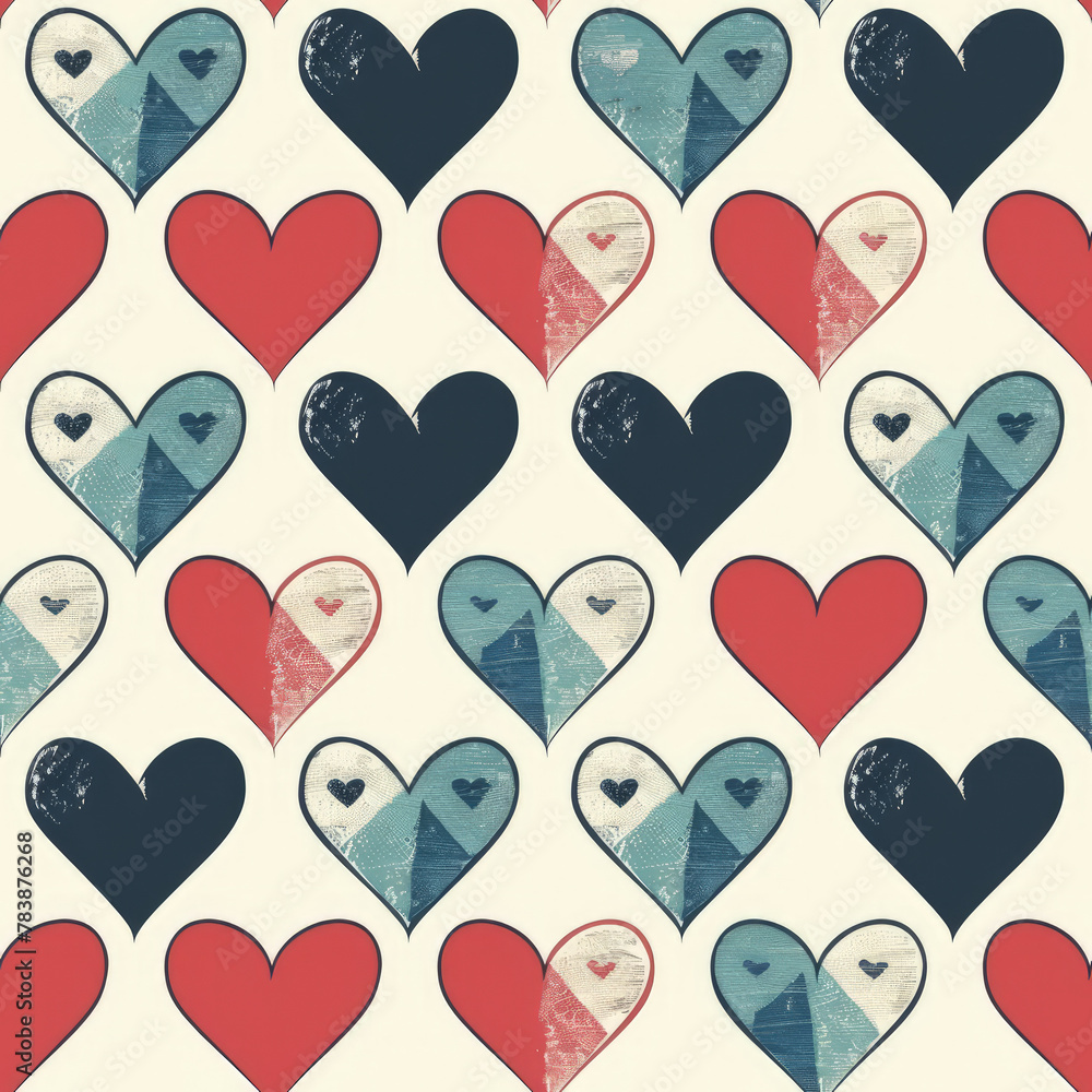 Poster a pattern of hearts with blue and red hearts. the hearts are drawn in a way that they are not perfec