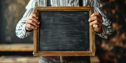 Close up of a man holding a chalkboard sign . Advertising Poster banner mockup template - obrazy, fototapety, plakaty
