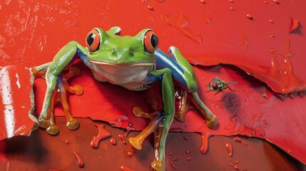 A captivating close-up of a green tree frog as it catches a fly, set against a vivid red background with a torn paper visual effect hyper realistic 