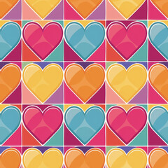 A colorful pattern of hearts in various colors. The hearts are arranged in a grid-like pattern, with some overlapping and others standing alone. Scene is cheerful and playful, as the bright colors