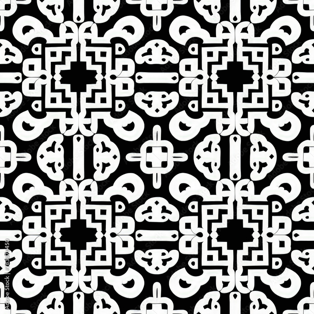 Poster a black and white patterned design with a lot of detail. the design is made up of squares and triang