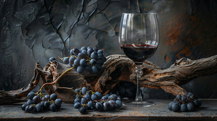 Glass of red wine with an old snag and blue grape