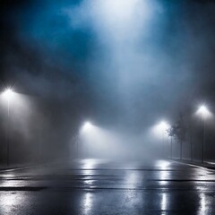 light in the fog.a dark, empty street enveloped in mist and smoke, with wet asphalt glistening under the reflection of neon lights, and a distant searchlight cutting through the haze, creating an atmo