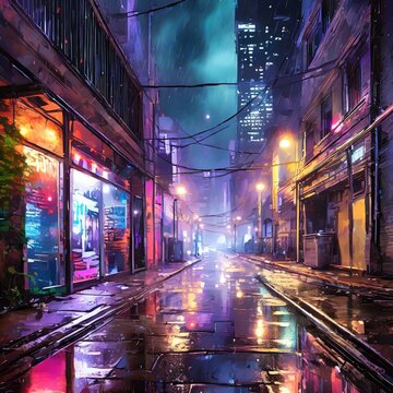 night city street.an urban alleyway at night, with wet asphalt shimmering under the glow of neon lights, and wisps of smoke drifting through the air, adding an element of intrigue and drama to the noc