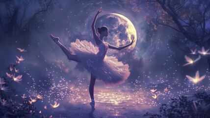 Enter a realm of enchantment where a graceful ballerina pirouettes amidst a swarm of luminous fireflies, framed against the crescent moon. 

