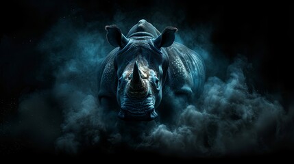   A rhinoceros stands in the midst of smoking haze, turning its head