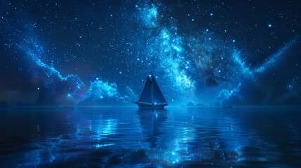   A sailboat floats on a tranquil body of water beneath a star-studded night sky, dotted with numerous clouds - obrazy, fototapety, plakaty