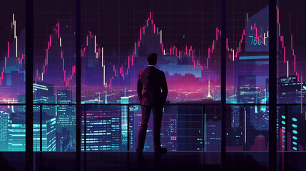 The businessman's gaze, penetrating the night landscape of the city, coincides with his analysis of financial data on the chart - obrazy, fototapety, plakaty