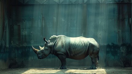   A rhino stands in a lit room, back to the shine, head turned aside - obrazy, fototapety, plakaty