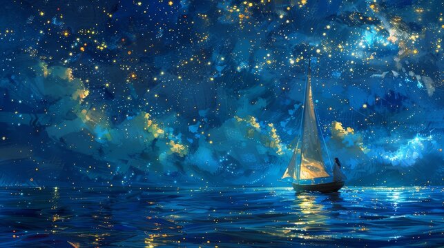   A sailboat painted in the heart of a tranquil nighttime body of water, surrounded by a canopy of twinkling stars
