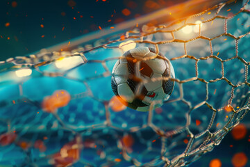 The soccer ball flies into the goal. Dynamic image of a football sword in the goal.
