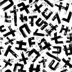 pattern of abstract glyphs resembling an undecipherable script, using black strokes on a pure white background - obrazy, fototapety, plakaty