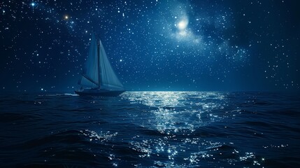   A sailboat floats atop a serene body of water under the night sky, studded with stars and graced by a full moon