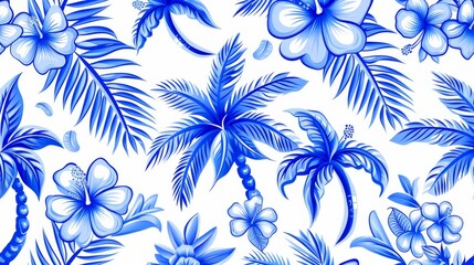   Blue-and-white tropical pattern with flowers and leaves against a white background