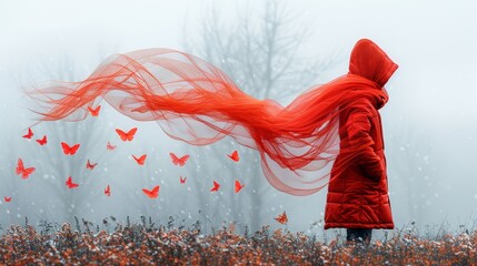   A woman in a red coat stands in a field A long red veil obstructs her face Butterflies populate the background