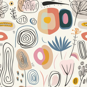 Un patron contemporaneo que presenta ilustraciones lineales de elementos organicos y abstractos formas con una paleta de colores pastel, el estilo de Kristina Forrest, simplista, UHD, Seamless