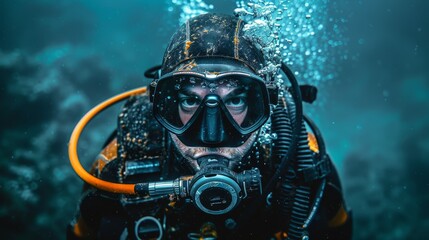   A man in a diving suit dons a gas mask and holds a yellow hose in his mouth beneath the water