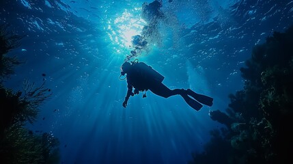   A person in a scuba suit swims beneath sunlit water, sunlight filtering through its surface