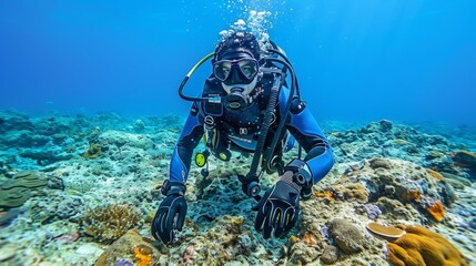 Naklejka na ściany i meble A man, clad in a diving suit, holds one camera in each hand on a coral reef