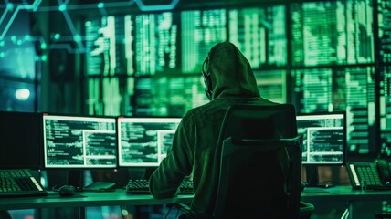 Green hacker interface screen internet crime concept Cybersecurity. - obrazy, fototapety, plakaty